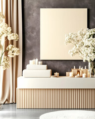 Calm spa interior with candles, flowers, and blank canvas; perfect for relaxation, wellness, or beauty product advertising