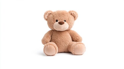 Obraz premium A cute brown teddy bear stuffed animal is sitting isolated on a white background, with a soft and adorable appearance.