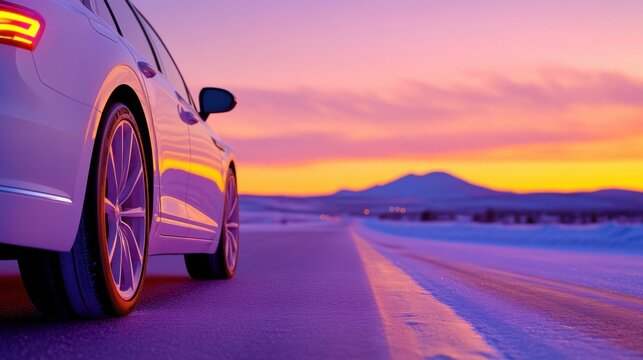 A car with new winter tires drives on a snowy road at sunset, with a picturesque view of mountains in the background.