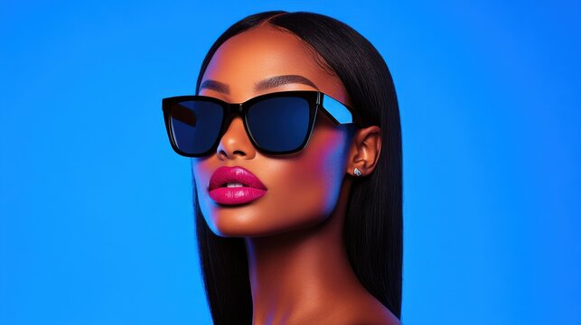 A stylish woman with sleek hair and bold lipstick wears modern sunglasses against a vibrant blue background, exuding confidence and elegance. - Powered by Adobe