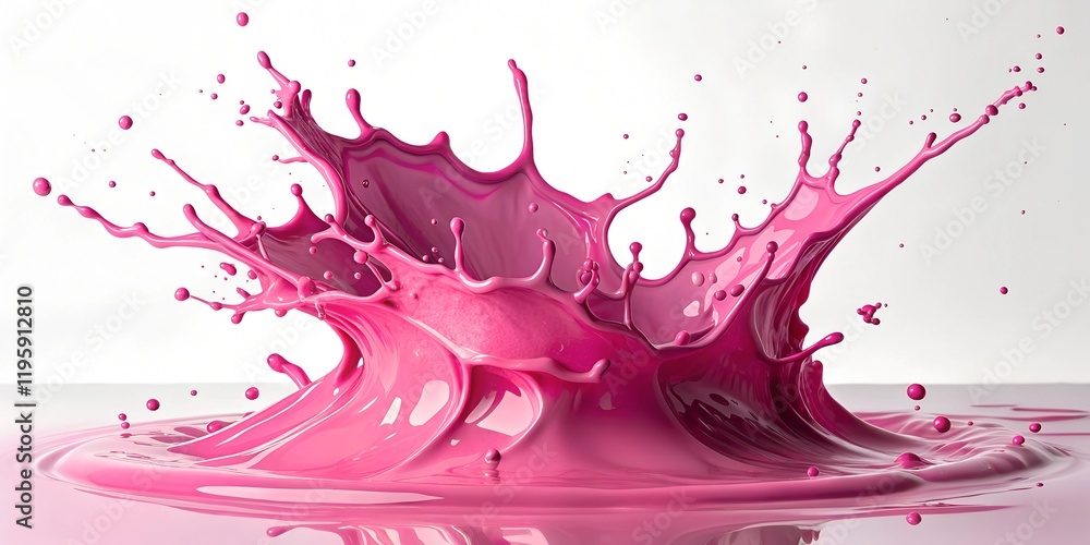 Poster vibrant pink paint splashing upwards against a white backdrop in a creative display of color and mot