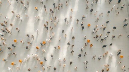 Aerial view of a crowd with dynamic movement, showcasing a network of people spread across a light-colored surface.