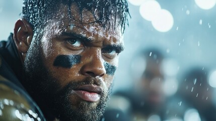 A focused rugby player with face paint is intensely staring ahead in a rain-soaked stadium, showcasing determination and grit.