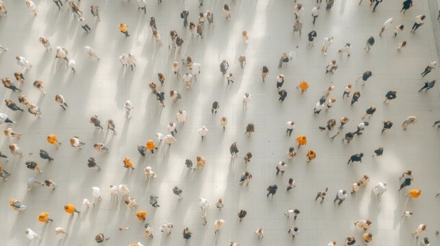 Aerial view of a crowd with dynamic movement, showcasing a network of people spread across a light-colored surface.