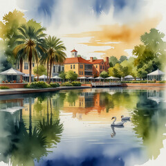 Obraz premium Watercolor illustration of Winter Park, Florida’s beautiful downtown area, with its scenic park and lakeside setting. 