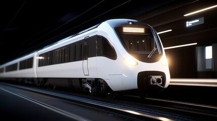 Naklejka premium A high-speed train is stationed at a platform within a modern, dimly lit station, with city lights blurred in the background, conveying motion and speed.