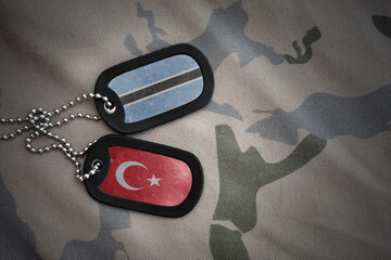 vintage army blank, dog tag with flag of botswana and turkey on the khaki texture background....
