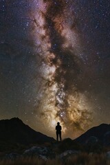 Starlit sky envelops lone figure, highlighting cosmic beauty and