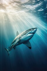 Naklejka premium Majestic shark gliding through serene waters, illuminated by sun