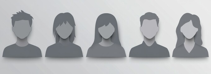 Set of gray minimalistic people avatar icons on a gray background, illustration design with male and female portrait silhouettes for profile pictures in social media Generative AI