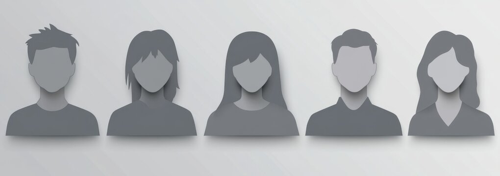 Set of gray minimalistic people avatar icons on a gray background, illustration design with male and female portrait silhouettes for profile pictures in social media Generative AI