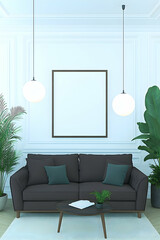 Elegant living room interior design; dark sofa, white walls, pendant lights, plants; mockup for artwork display; ideal for home decor websites