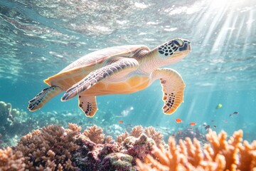 Graceful sea turtle gliding through vibrant coral reef, sunlight