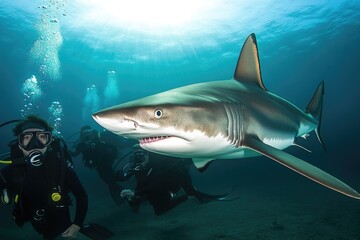 Majestic shark gliding through clear waters, surrounded by diver