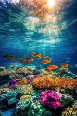Obraz premium Vibrant underwater scene showcases colorful corals and swimming