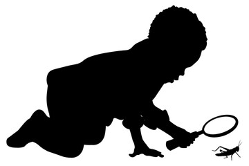 Children silhouettes. Little boy playing with a magnifying loupe. Vector illustration.	

