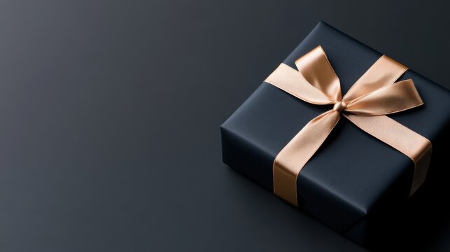 A dark blue gift box with a gold satin ribbon elegantly placed on a dark background, exuding a sense of luxury and sophistication.