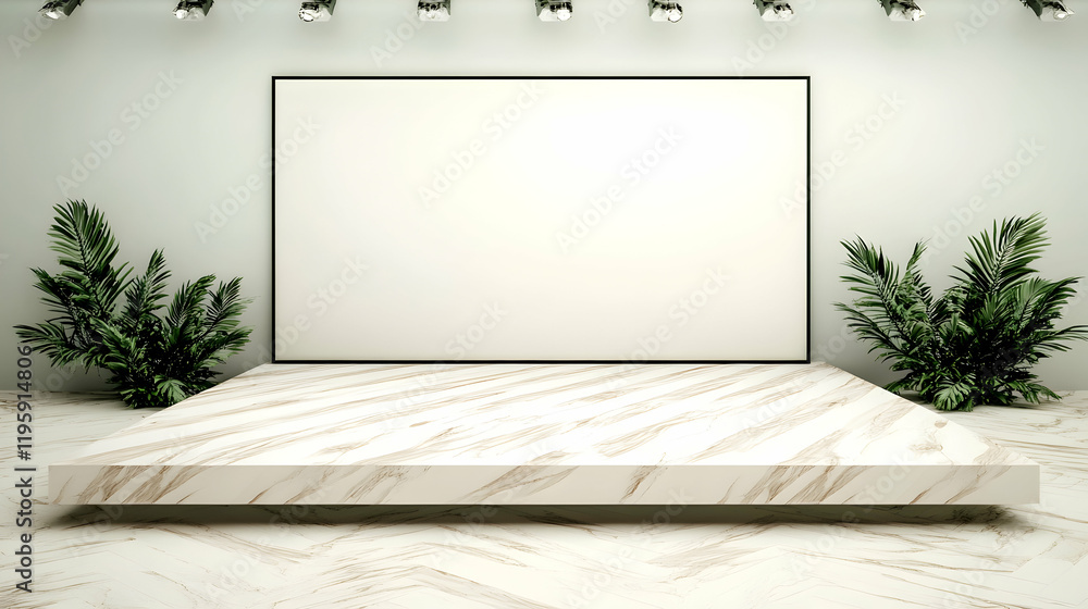 Poster elegant minimalist marble display platform with blank canvas backdrop in a modern gallery, perfect f
