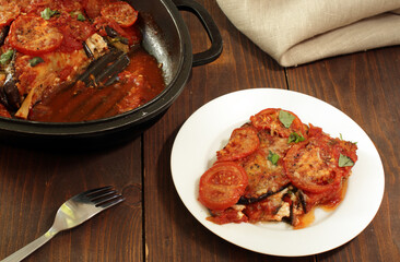 Eggplant with ricotta cheese baked in oven with tomato sauce