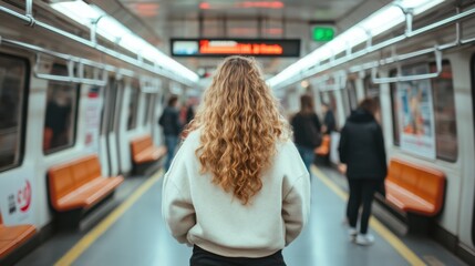 Obraz premium A woman with curly hair stands on a busy subway platform, looking at an approaching train. The setting is vibrant and slightly blurry, suggesting movement.