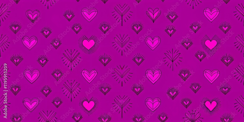 Poster vibrant pattern of hearts and rays on a bold purple background creating a lively and cheerful atmosp