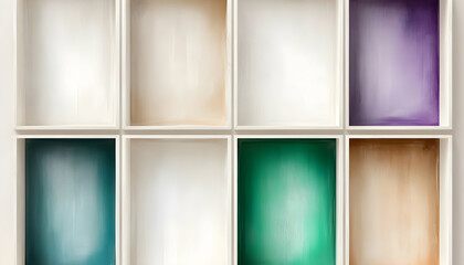 Fototapeta premium Empty colorful boxes on a white shelf; background is plain white; ideal for product displays or presentations