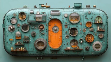 A Retro Futuristic Metal Panel with Miniature Rooms