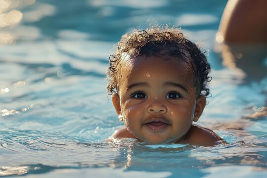 An african american baby learning to swim in the pool - Powered by Adobe