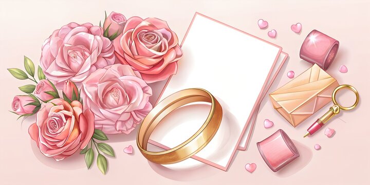 Romantic wedding invitation design featuring pink roses, a golden ring, stationery, and decorative elements for a celebration - Powered by Adobe