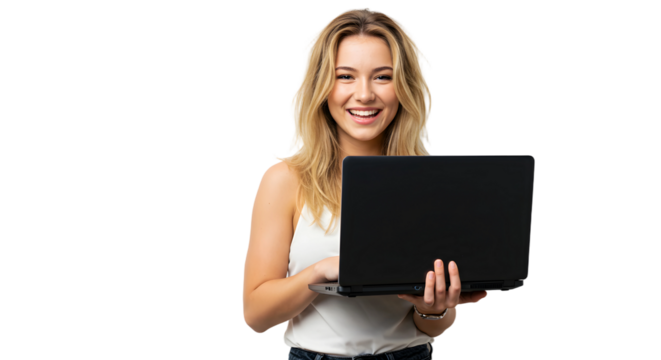 portrait of a business woman , beautiful Asian girl using laptop computer isolated on a transparent png background , lifestyle business people concept - Powered by Adobe