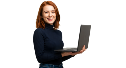 portrait of a business woman , beautiful Asian girl using laptop computer isolated on a transparent png background , lifestyle business people concept cutout