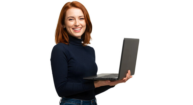 portrait of a business woman , beautiful Asian girl using laptop computer isolated on a transparent png background , lifestyle business people concept cutout