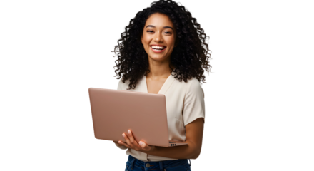 Portrait of successful businesswoman in business clothes using laptop