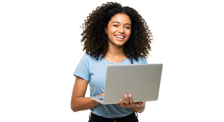 Portrait of cheerful young woman standing isolated over transparent background using laptop computer. Looking camera