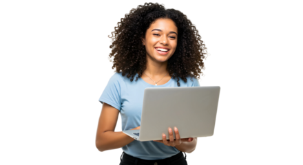 Portrait of cheerful young woman standing isolated over transparent background using laptop computer. Looking camera