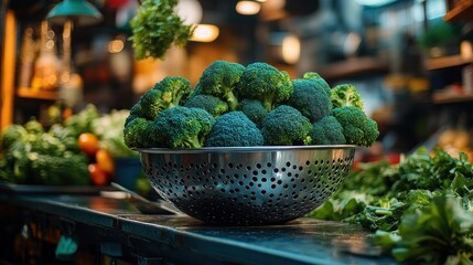 Fresh broccoli market stall, greens falling, food prep