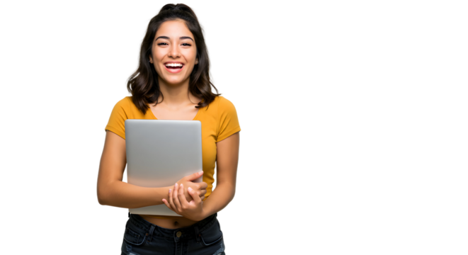 Woman in yellow holding a laptop and laughing isolated on transparent png background