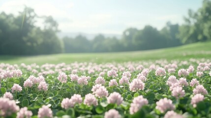 Obraz premium A tranquil meadow full of clover wildflowers under a clear sky, evoking a serene and natural summer atmosphere.