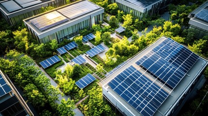 Sustainable Cityscape: Aerial View of Solar Panels and Green Rooftops