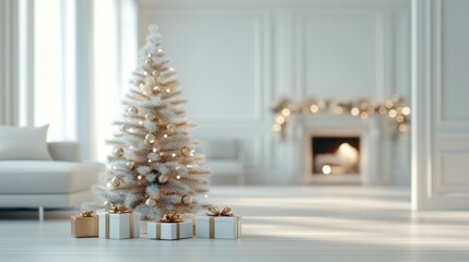 A serene photo studio backdrop featuring a white Christmas tree adorned with lights and gold ornaments, surrounded by neatly wrapped gifts in a bright, elegant room.