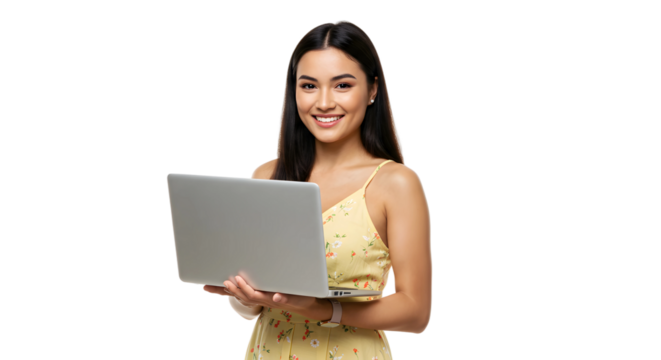portrait of a business woman , beautiful Asian girl holding laptop computer isolated on a transparent png background , lifestyle business people concept