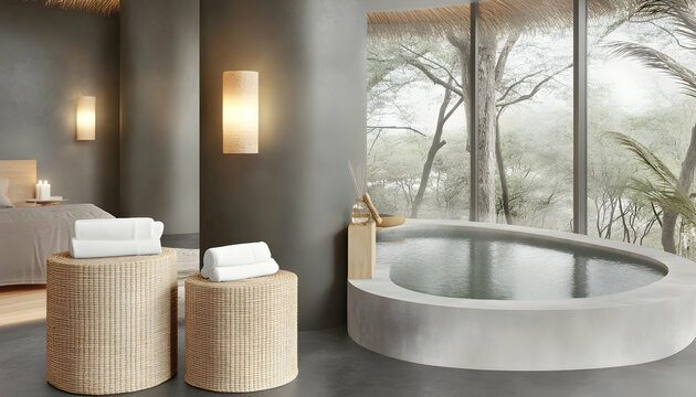 Luxurious bathroom with bathtub, bedroom view, and African savanna landscape. Ideal for travel, hotel, or spa advertising