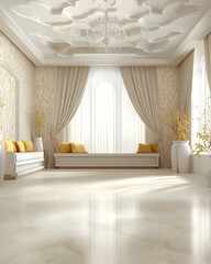Luxurious living room with bay window, ornate ceiling, and sunlight streaming in, ideal for interior design or real estate marketing