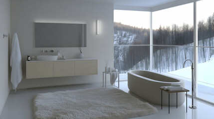 Luxurious modern bathroom with snowy mountain view, minimalist design, and fluffy rug; ideal for home decor, real estate, and architecture websites