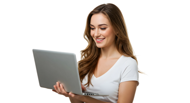 a girl using laptop isolated, png, isolated on transparent png