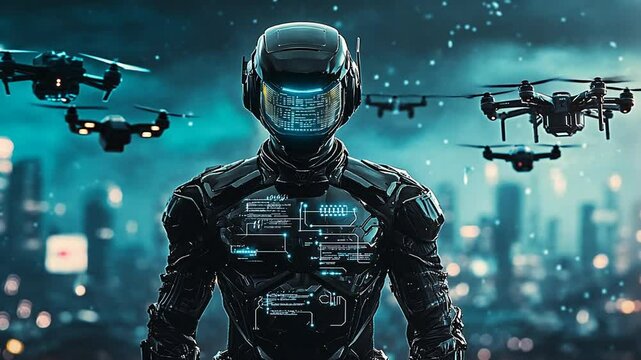 Futuristic cyborg in helmet controls drones over a city.