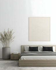 Minimalist bedroom interior design, featuring a large bed, side table, and blank wall art, ideal for home décor websites