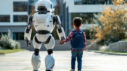 A young child walks alongside a humanoid robot, holding hands while heading towards a futuristic school building. The bright sky enhances the cheerful atmosphere. - Powered by Adobe