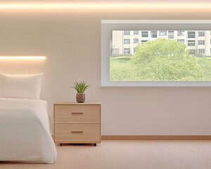 Minimalist bedroom interior design; light wood nightstand, white bedding, city view. Ideal for home decor websites