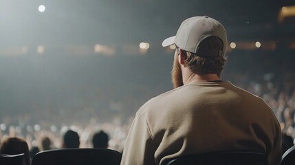 A man wearing a beige sweatshirt and cap watches a live concert from the audience. The dimly lit venue is filled with an enthusiastic crowd.